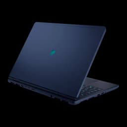 Alienware Aurora 16X 1TB azul, vista traseira em ângulo esquerdo: tampa com logo alienígena e portas laterais visíveis