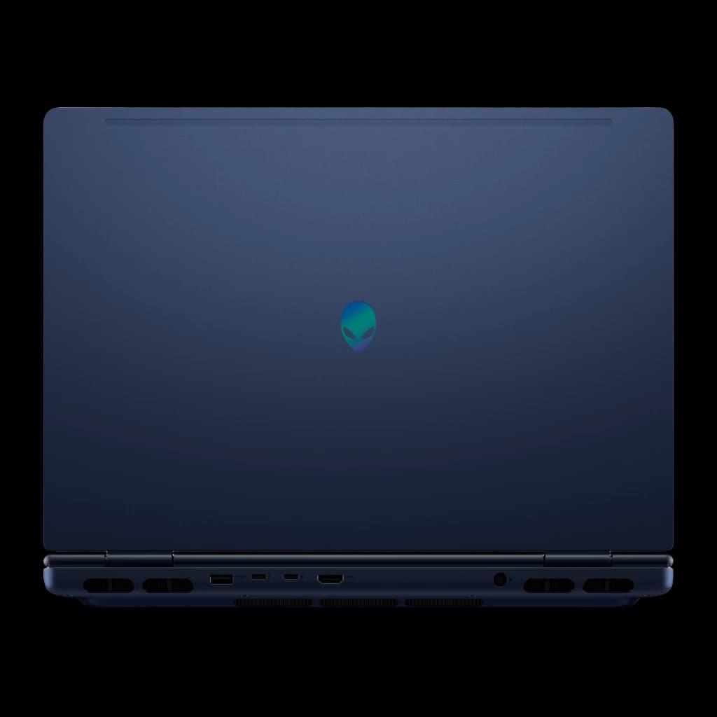 Alienware Aurora 16X 1TB azul, vista traseira centrada: tampa plana com logo alienígena e grelhas de ventilação inferiores