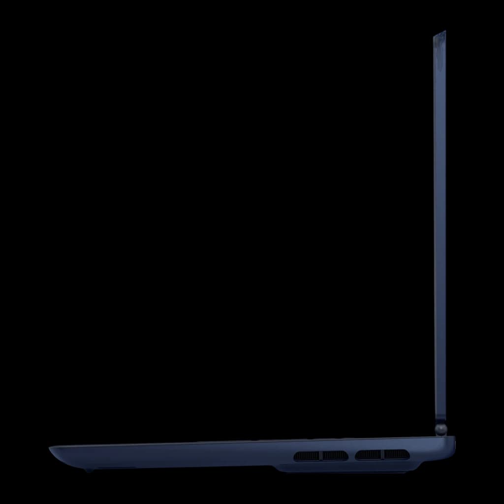 Alienware Aurora 16X 1TB azul, vista lateral: perfil fino, dobradiça e grades de ventilação inferiores visíveis