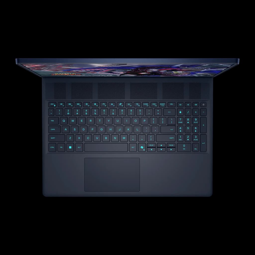 Alienware Aurora 16X 1TB azul, vista superior: teclado RGB cyan retroiluminado, grelha de ventilação e ecrã gaming ligado