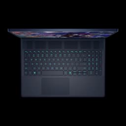 Alienware Aurora 16X 1TB azul, vista superior: teclado RGB cyan retroiluminado, grelha de ventilação e ecrã gaming ligado