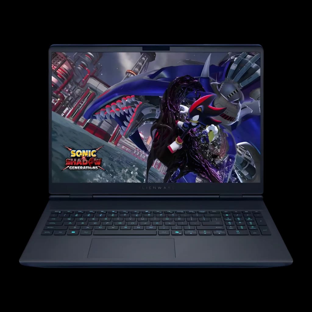 Alienware Aurora 16X 1TB Azul, vista frontal: ecrã com Sonic Shadow Generations, teclado retroiluminado azul visível