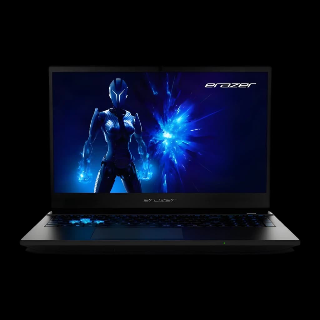 Medion Erazer MD62762 1TB noir, vue de face: écran allumé avec personnage gaming bleu et clavier rétroéclairé