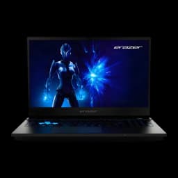 Medion Erazer MD62762 1TB noir, vue de face: écran allumé avec personnage gaming bleu et clavier rétroéclairé