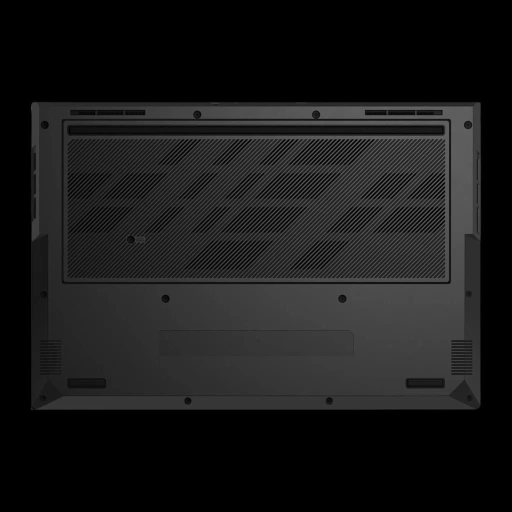 Medion Erazer MD62762 1TB Noir, vue du dessous: base texturée avec grilles de ventilation, haut-parleurs et pieds
