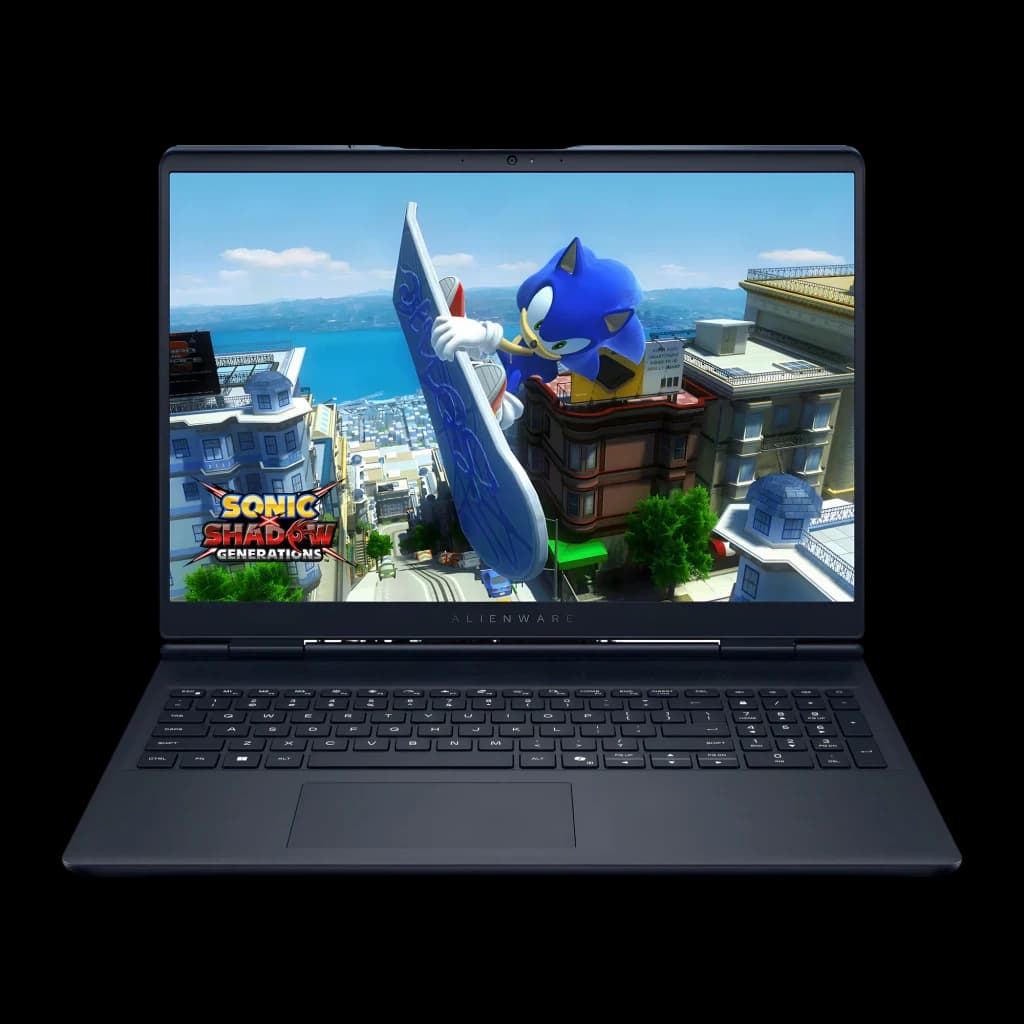 Alienware Aurora 16 1TB Indigo, vista frontal: pantalla WQXGA con Sonic Shadow Generations, teclado gaming y logo Alienware