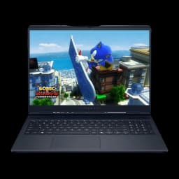 Alienware Aurora 16 1TB Indigo, vista frontal: pantalla WQXGA con Sonic Shadow Generations, teclado gaming y logo Alienware