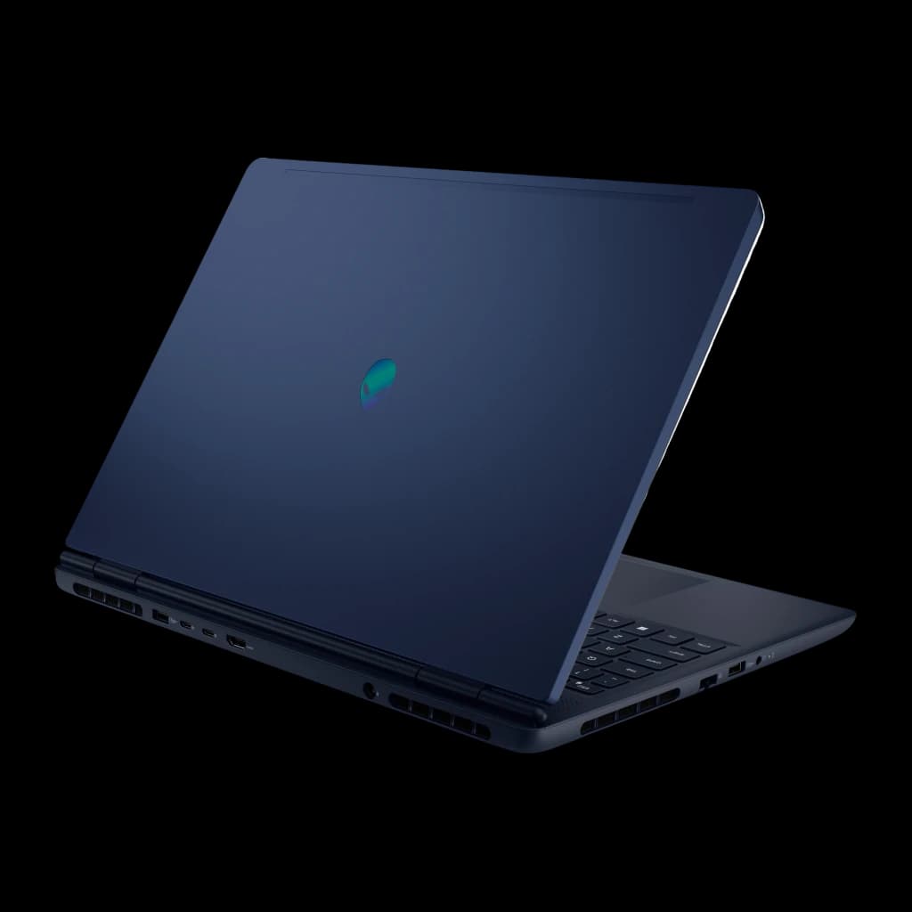 Alienware Aurora 16 1TB Indigo, vista trasera 3/4 derecha: tapa azul índigo con logo alienígena iluminado y puertos traseros