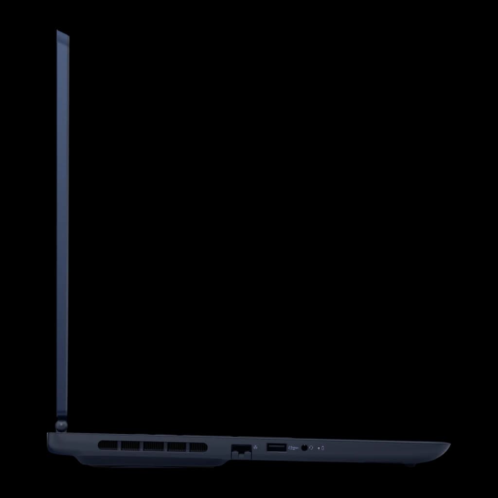 Alienware Aurora 16 1TB Indigo, lateral derecho: rejilla de ventilación, puerto USB-A, jack audio y grosor del chasis