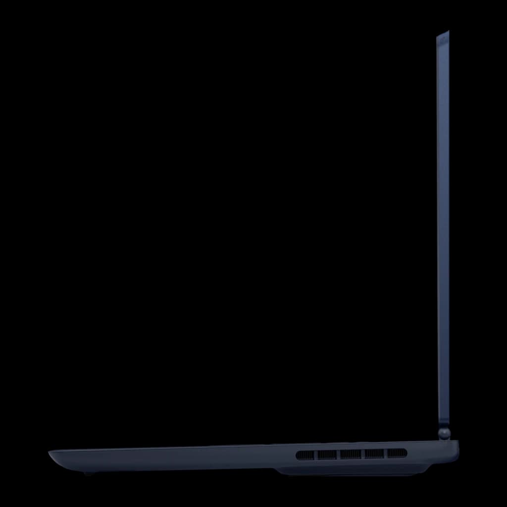 Alienware Aurora 16 1TB Indigo, vista lateral: perfil delgado con rejillas de ventilación y pantalla abierta en vertical