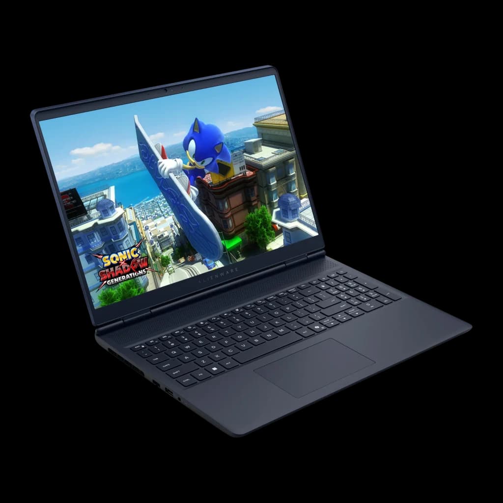 Alienware Aurora 16 1TB Indigo, vista frontal 3/4: pantalla WQXGA con Sonic Shadow Generations, teclado y touchpad visibles