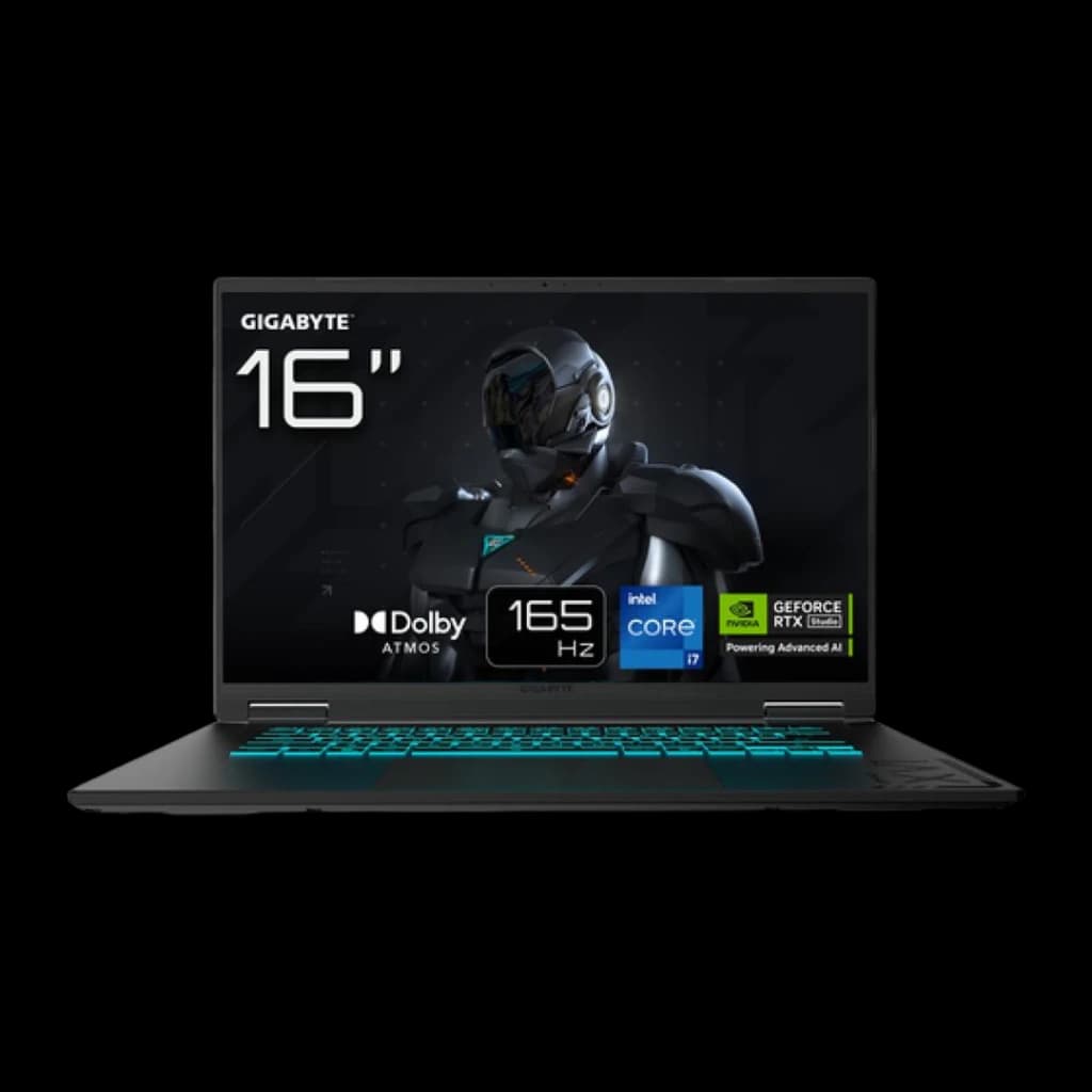 GIGABYTE A16 CVH 1TB Negro, vista frontal: pantalla 16" 165Hz con retroiluminación cyan del teclado