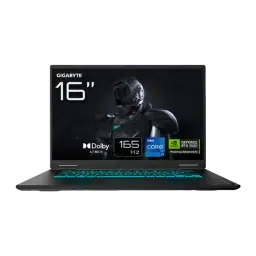 GIGABYTE A16 CVH 1TB Negro, vista frontal: pantalla 16" 165Hz con retroiluminación cyan del teclado
