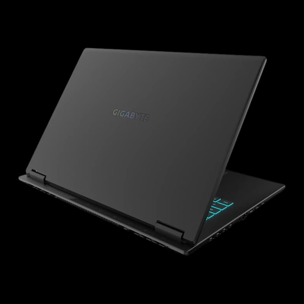 GIGABYTE A16 CVH 1TB Negro, vista trasera en ángulo: tapa con logo GIGABYTE y ventilación lateral con luz cyan