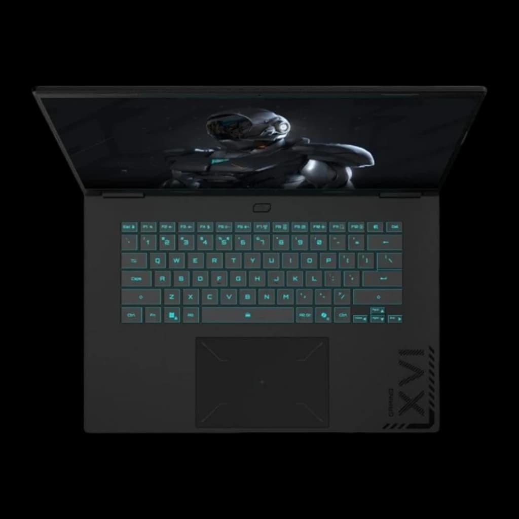 GIGABYTE A16 CVH 1TB Negro, vista cenital: teclado retroiluminado cyan, touchpad y pantalla con personaje gaming
