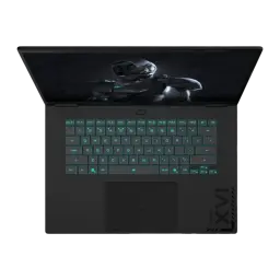 GIGABYTE A16 CVH 1TB Negro, vista cenital: teclado retroiluminado cyan, touchpad y pantalla con personaje gaming