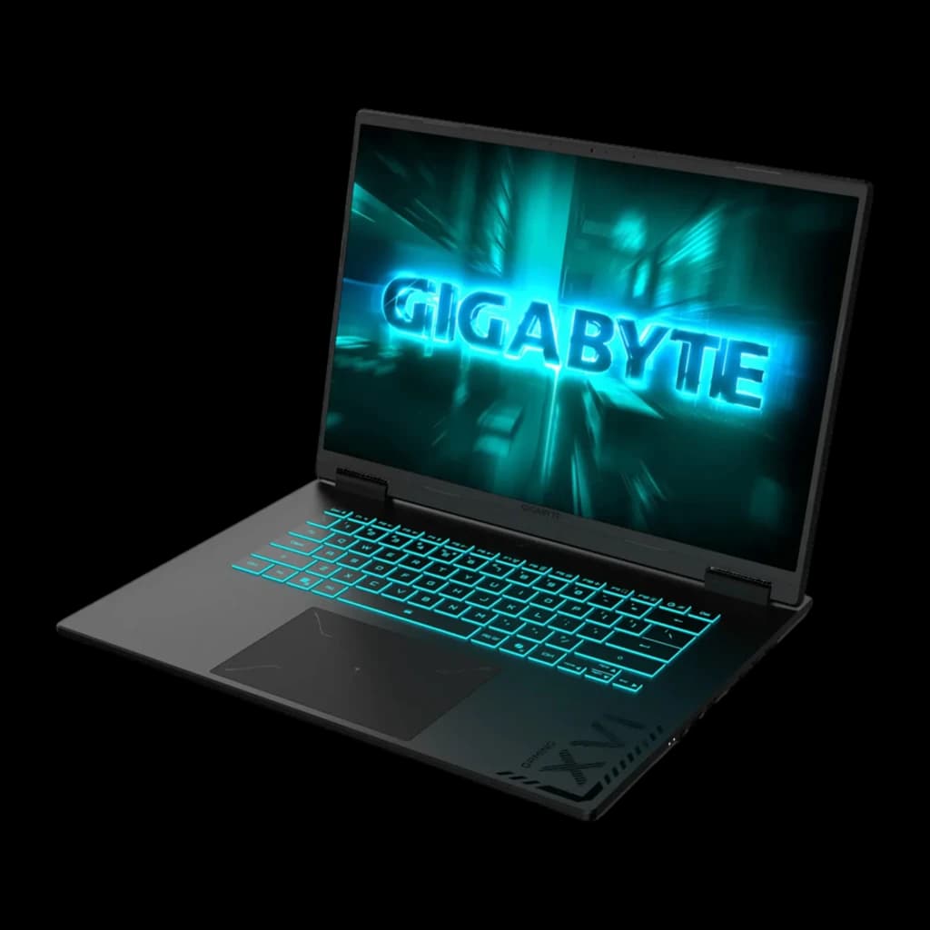 GIGABYTE A16 CVH 1TB Negro, vista lateral izquierda en ángulo: pantalla con logo GIGABYTE en cyan y teclado RGB