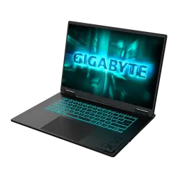 GIGABYTE A16 CVH 1TB Negro, vista lateral izquierda en ángulo: pantalla con logo GIGABYTE en cyan y teclado RGB