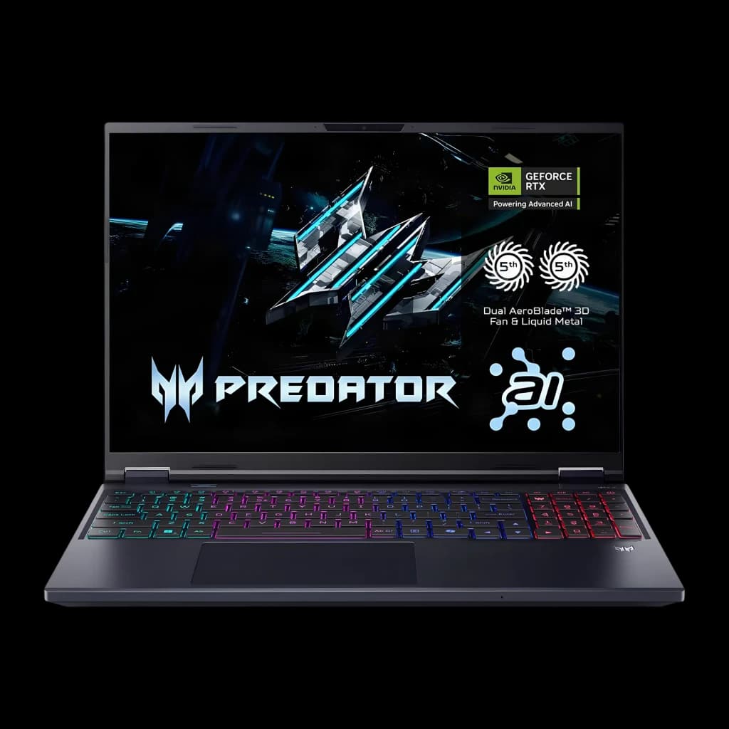 Acer Predator Helios Neo 16 AI 1TB Noir, vue de face: écran avec logo Predator et clavier RGB multicolore rétroéclairé