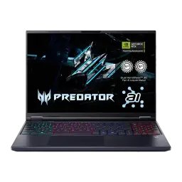 Acer Predator Helios Neo 16 AI 1TB Noir, vue de face: écran avec logo Predator et clavier RGB multicolore rétroéclairé