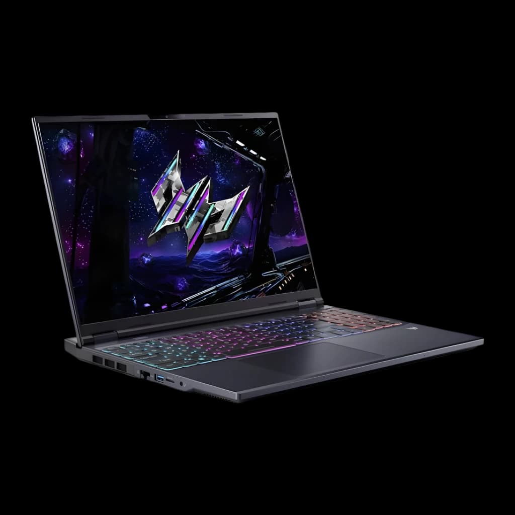 Acer Predator Helios Neo 16 AI 1024GB Noir, vue latérale: écran avec logo Predator et clavier RGB rétroéclairé