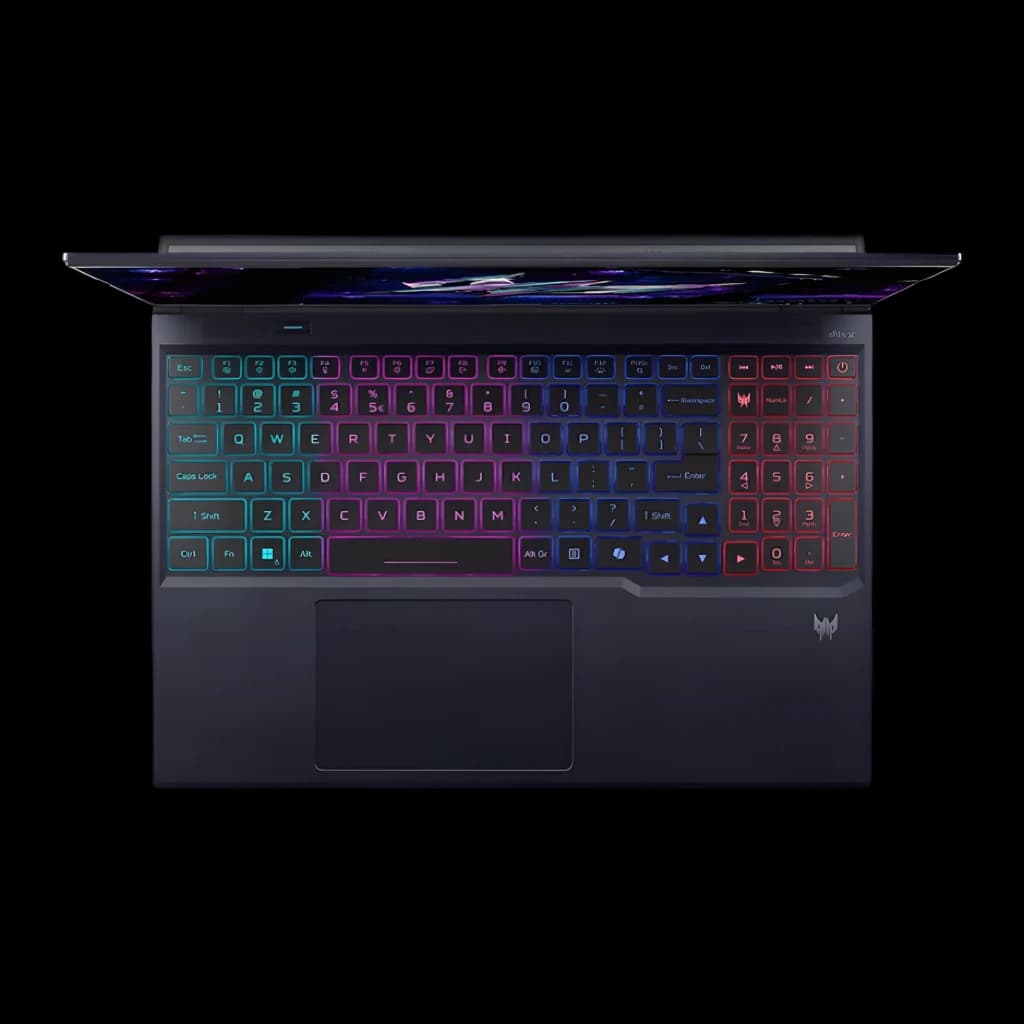 Acer Predator Helios Neo 16 AI 1024GB Noir, vue du dessus: clavier RGB rétroéclairé dégradé bleu-rouge avec pavé numérique