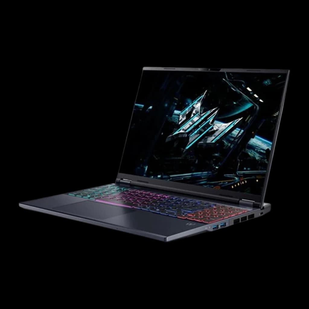 Acer Predator Helios Neo 16 AI 1024GB noir, vue avant en angle: écran avec logo Predator et clavier RGB multicolore