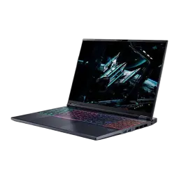 Acer Predator Helios Neo 16 AI 1024GB noir, vue avant en angle: écran avec logo Predator et clavier RGB multicolore