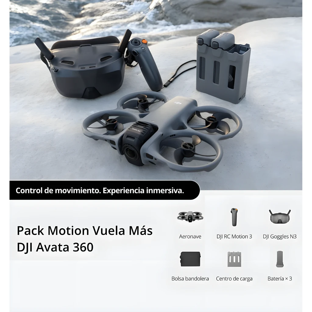 DJI Drone Avata 2 Fly More Combo 46GB, vista conjunto: drone, óculos FPV, controlo e duas baterias sobre fundo preto - Item8
