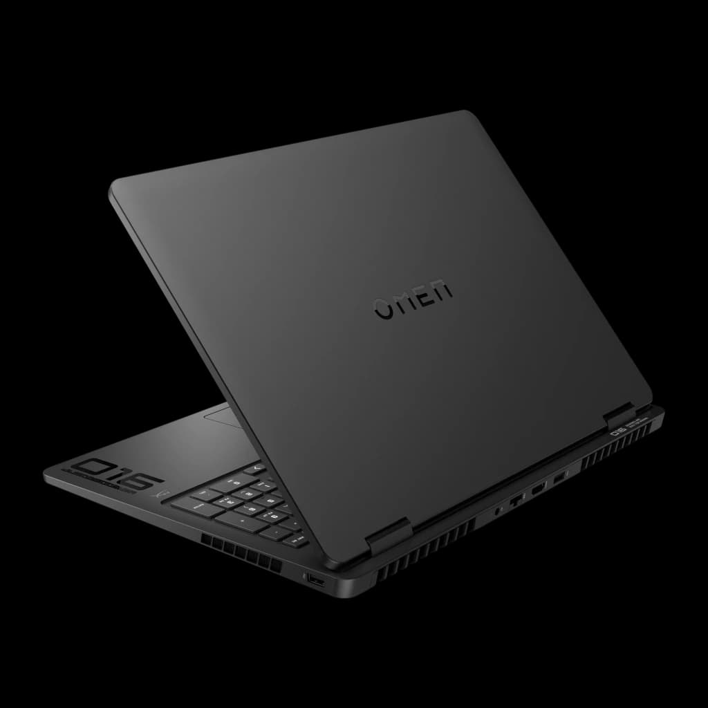HP OMEN 16 1TB Noir, vue arrière: couvercle avec logo OMEN, grilles de ventilation et ports latéraux
