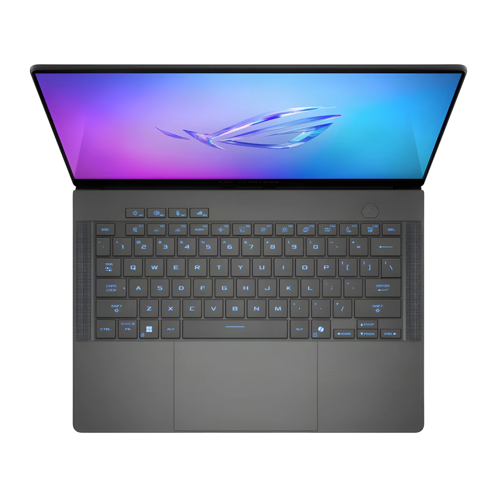 ASUS ROG Zephyrus G14 GA403WW 1TB gris, vista frontal: pantalla OLED con logo ROG y teclado retroiluminado visibles - Ítem5