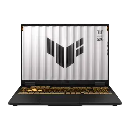 ASUS TUF F16 TUF608JMI 512GB Gris Jaeger, vue de face: écran avec logo TUF et clavier rétroéclairé orange