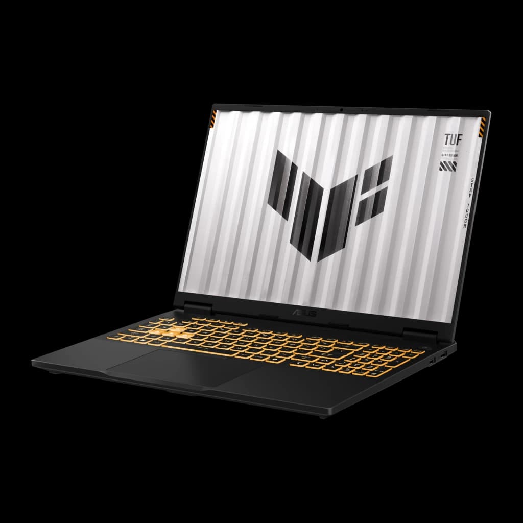 ASUS TUF Gaming F16 512GB Gris Jaeger, vue en angle: écran fond clair avec logo TUF et clavier RGB doré de côté