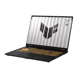 ASUS TUF Gaming F16 512GB Gris Jaeger, vue en angle: écran fond clair avec logo TUF et clavier RGB doré de côté