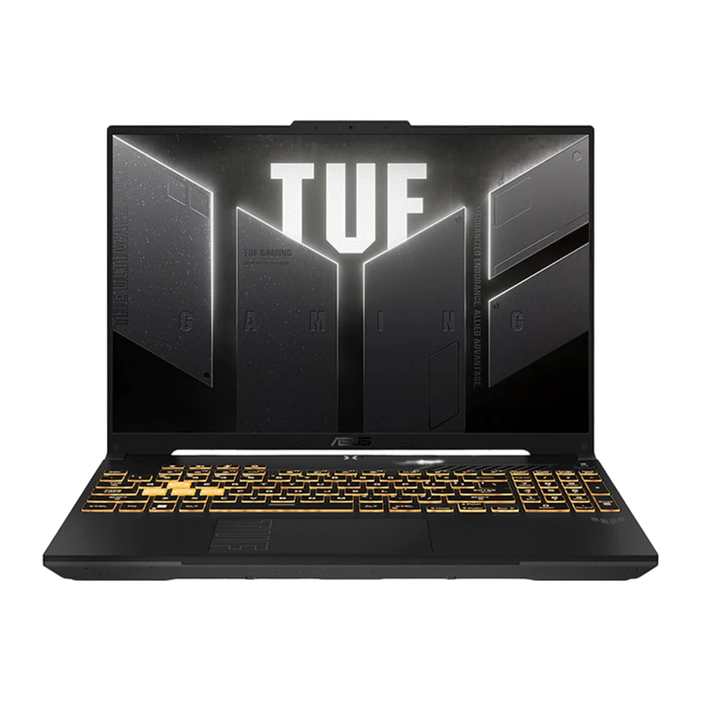 ASUS TUF F16 TUF608JMI 512GB Gris Jaeger, vista frontal: pantalla con logo TUF y teclado retroiluminado naranja - Ítem1