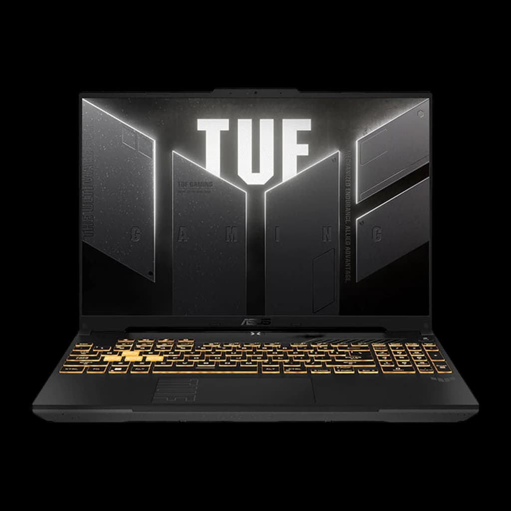 ASUS TUF Gaming F16 512GB Gris Jaeger, vue de face: écran avec logo TUF éclairé et clavier RGB doré