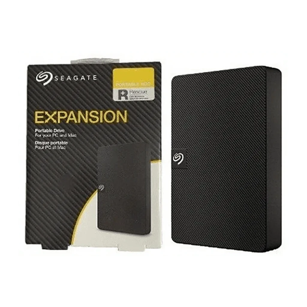 Seagate Expansion STKM1000400 1TB negro, caja y unidad: caja frontal con logo y disco negro con textura diagonal