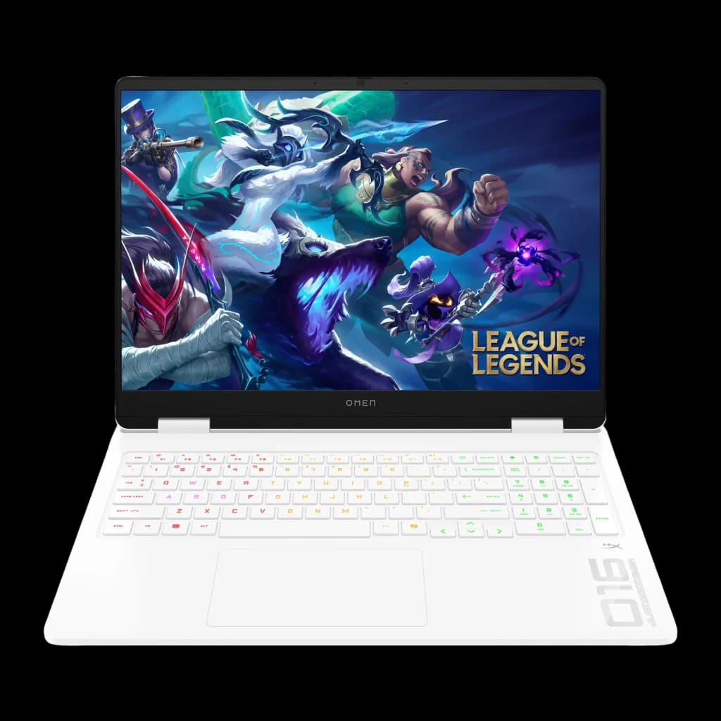 HP OMEN 16 1TB blanc, vue de face: écran 2K avec League of Legends et clavier RGB rétroéclairé