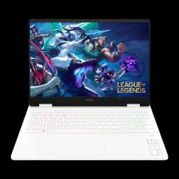 HP OMEN 16 1TB blanc, vue de face: écran 2K avec League of Legends et clavier RGB rétroéclairé