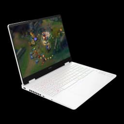 HP OMEN 16 1TB blanc, vue latérale gauche en angle: écran avec partie de LoL et ports latéraux visibles