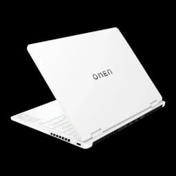HP OMEN 16 1TB blanc, vue arrière en angle: couvercle blanc avec logo OMEN et grilles de ventilation arrière