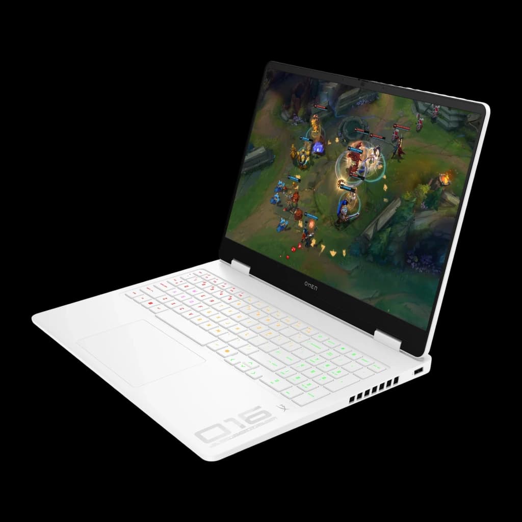 HP OMEN 16 1TB blanc, vue latérale droite en angle: clavier RGB et écran LoL depuis le côté opposé