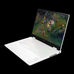 HP OMEN 16 1TB blanc, vue latérale droite en angle: clavier RGB et écran LoL depuis le côté opposé
