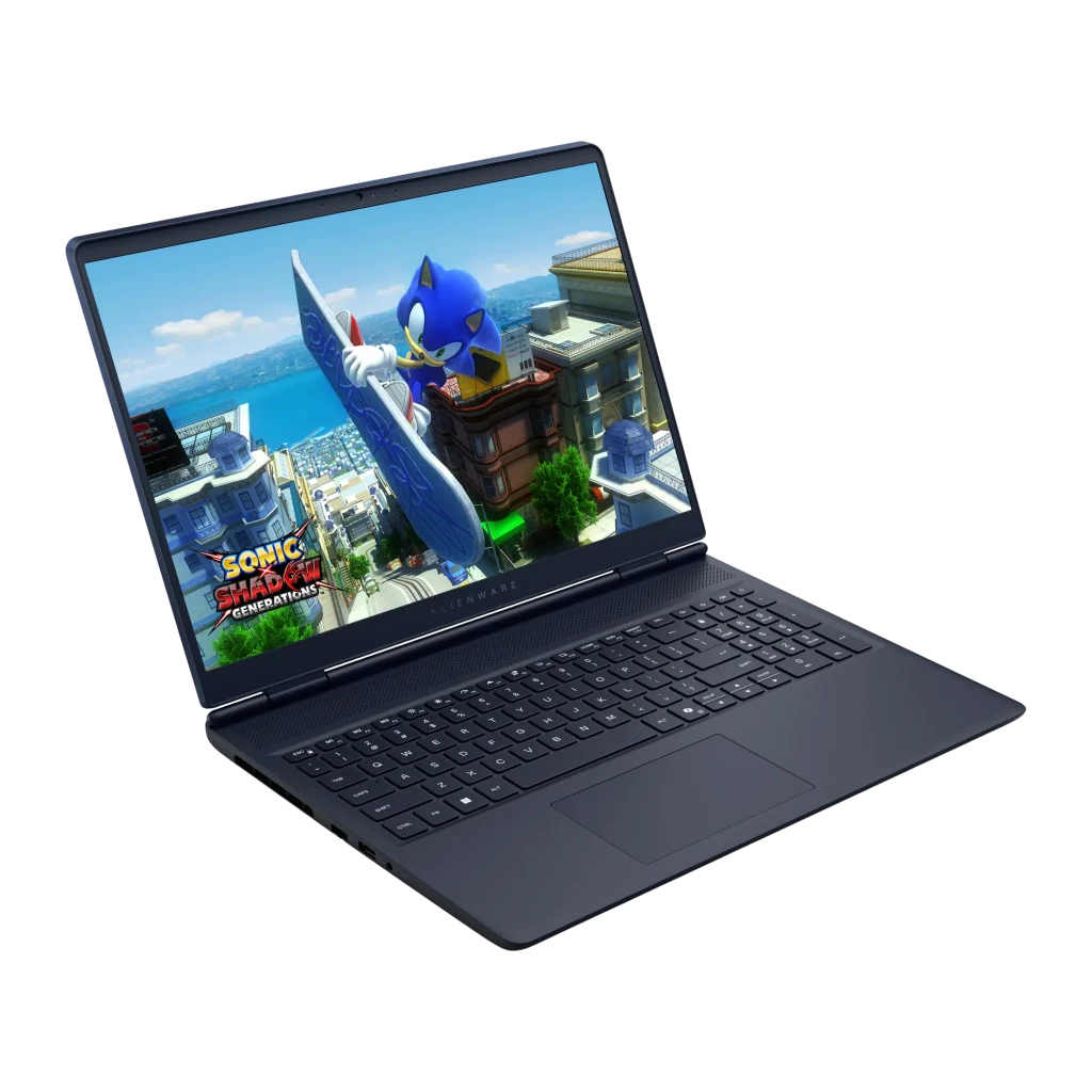 Alienware Aurora 16 1TB Indigo, vista frontal: pantalla con Sonic Shadow Generations, teclado y touchpad visibles - Ítem2