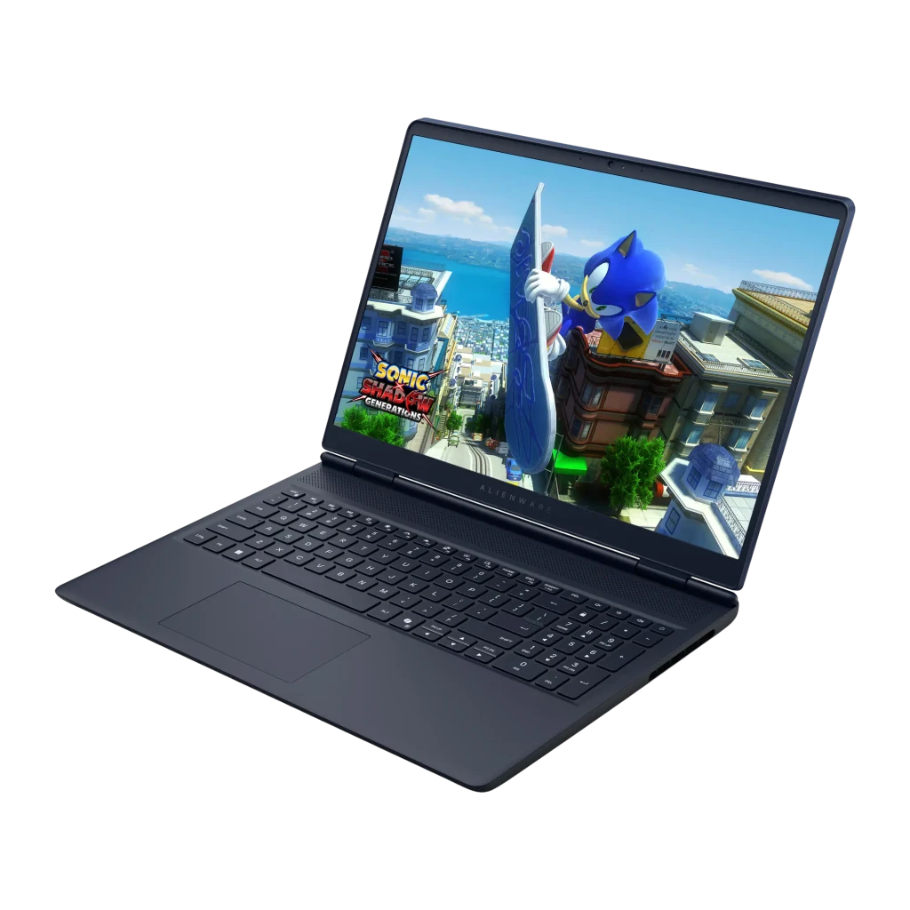 Alienware Aurora 16 1TB Indigo, vista frontal: pantalla con Sonic Shadow Generations, teclado y touchpad visibles - Ítem1