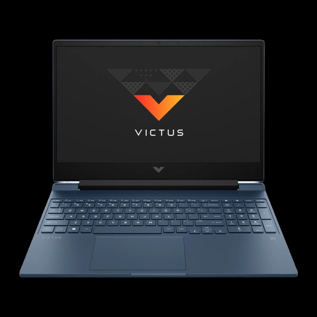 HP Victus 15-fa2039ns 1000GB Azul, vista frontal: pantalla con logo Victus, teclado completo con teclado numérico y touchpad