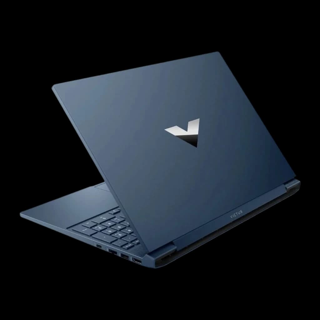HP Victus 15-fa2039ns 1000GB Azul, vista trasera en ángulo: tapa azul con logo V plateado y puertos laterales visibles