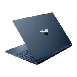 HP Victus 15-fa2039ns 1000GB Azul, vista trasera en ángulo: tapa azul con logo V plateado y puertos laterales visibles