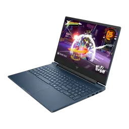 HP Victus 15-fa2039ns 1TB Azul, vista en ángulo: pantalla con juego Wi-Fi Rush, teclado azul y puertos laterales visibles