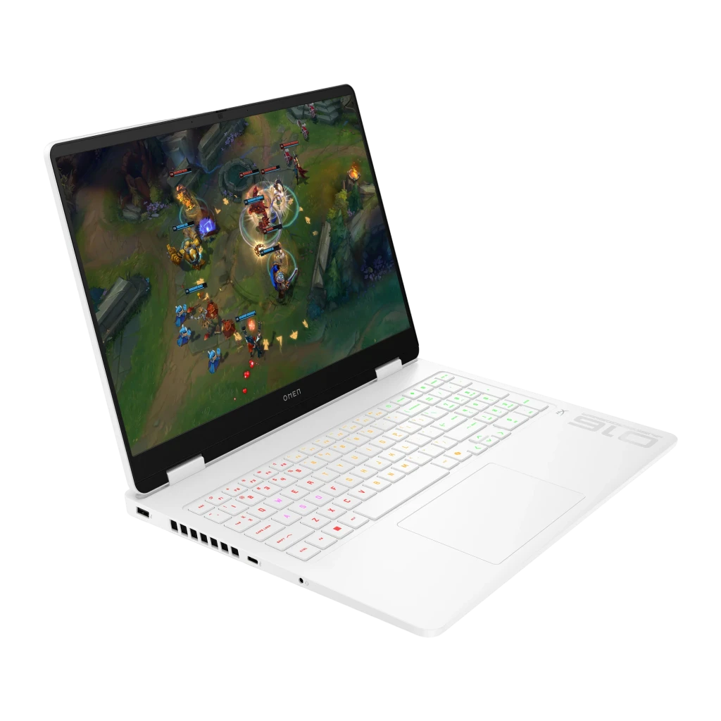 HP OMEN 16 1TB Blanco, vista frontal abierta: pantalla con League of Legends y teclado RGB retroiluminado - Ítem1